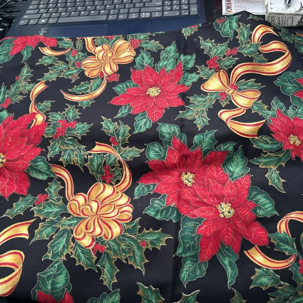 Cranston Home Christmas Holly Holiday Poinsettia Bows Floral Print Cotton Fabric